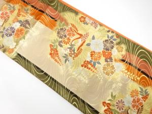 縞に花鳥模様織り出し　振袖用袋帯